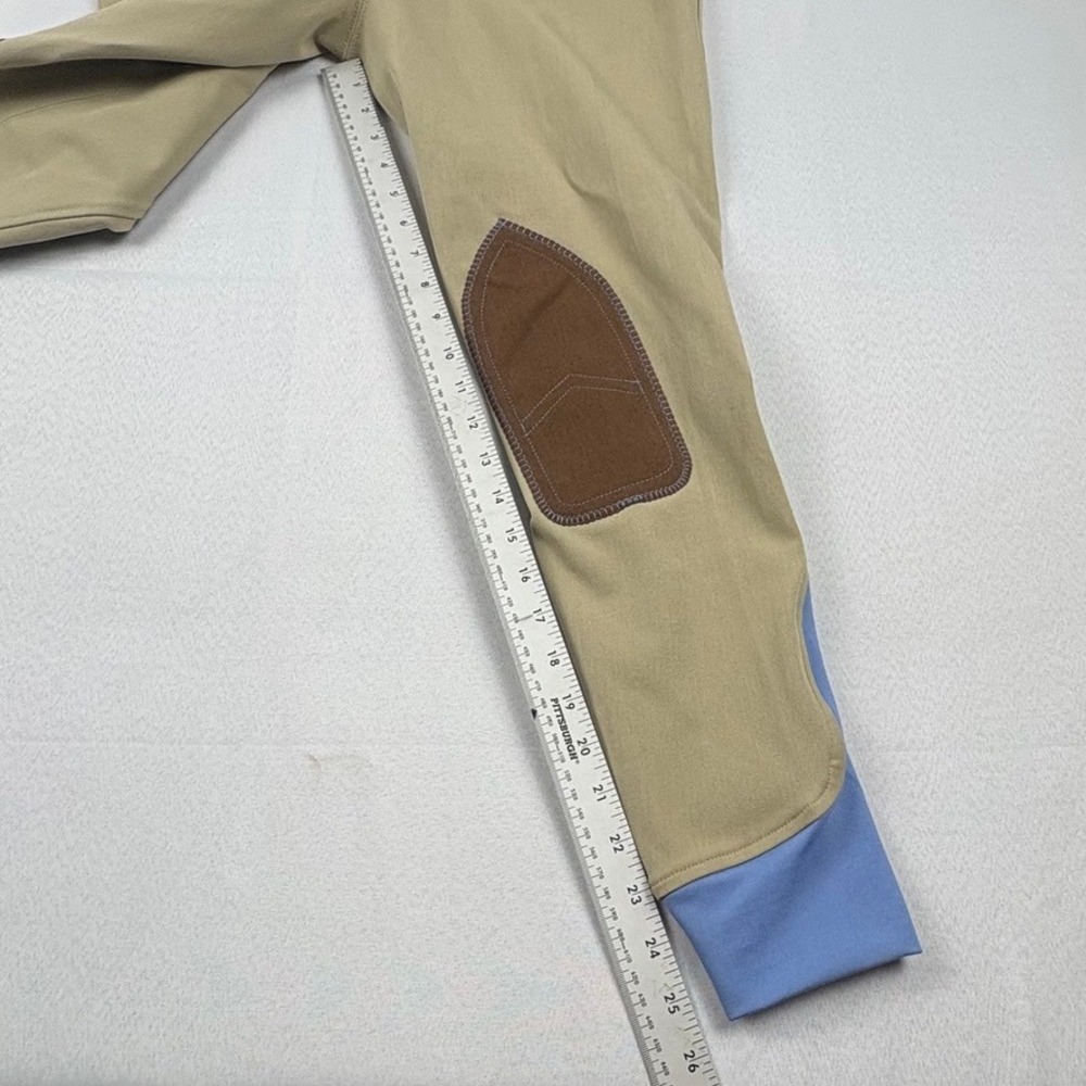 Dover Saddlery Riding Breeches Wellesley Tan Cornflower Knee Patch Size 16 - Picture 10 of 14